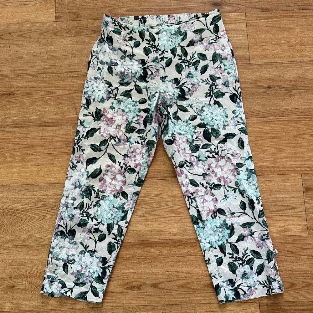 J.Jill Linen Stretch Fresh Spring Floral Cropped 3 Button Ankle Side Zip Pant M